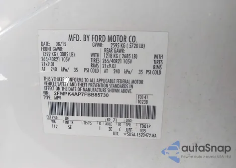 2015 Ford Edge Sport z USA, uszkodzony, nr VIN 2FMPK4AP7FBB85730